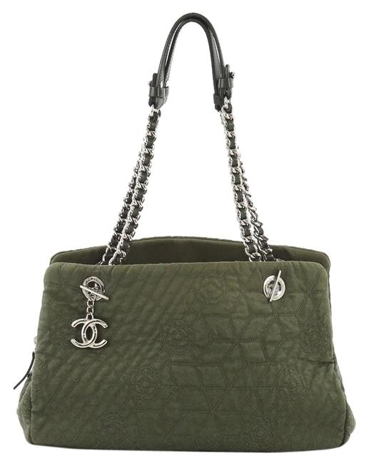 Chanel Cc Charm Camellia Medium Green Denim Tote