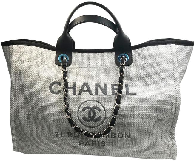 Chanel Deauville Bag Large Black Grey Straw Leather Tote