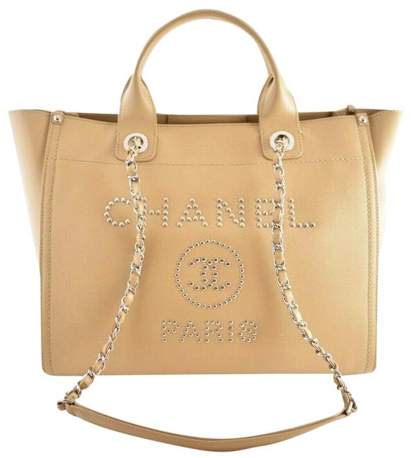 Chanel Deauville Bag 18p Small Caviar Cc Silver Stud Studded Shopper Beige Leather Tote