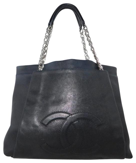 Chanel Large Cc Tuck Black Caviar Leather Tote