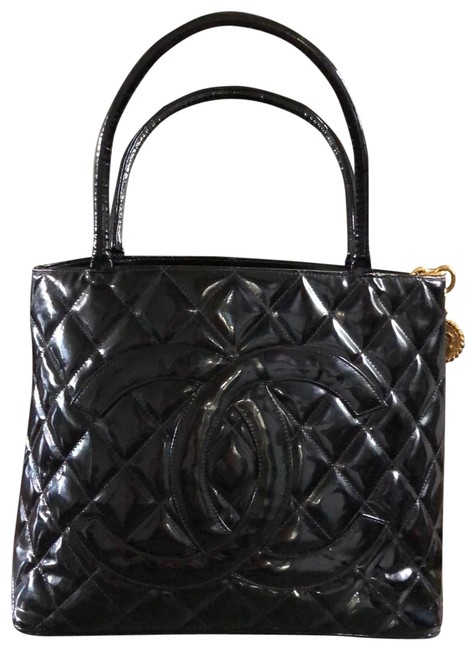 Chanel Hobo Handbag Medallion Black Paten Leather Tote